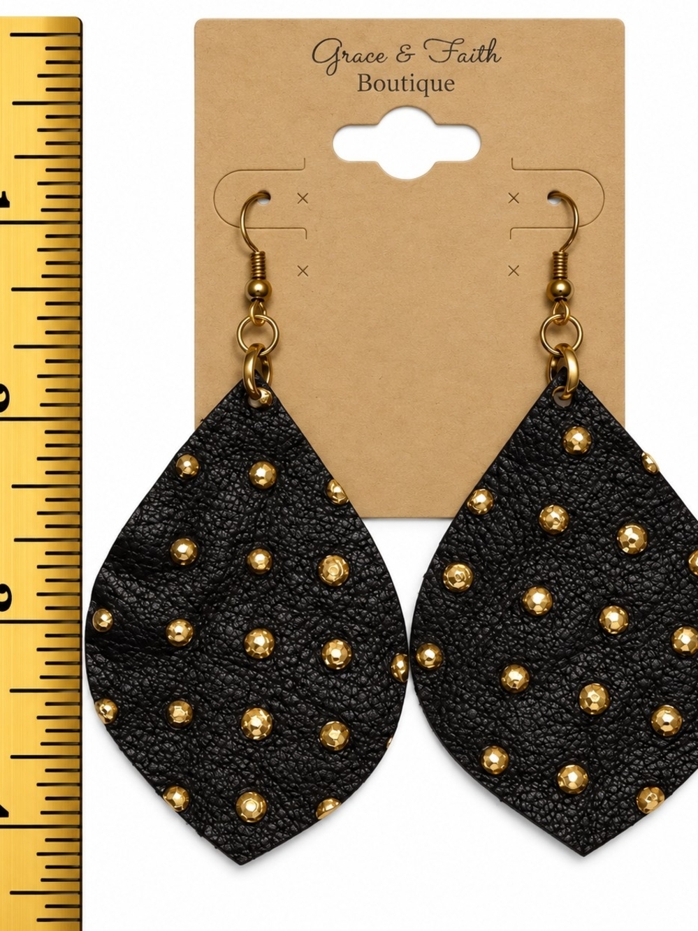 Dark Brown Teardrop Studded Leather Earrings